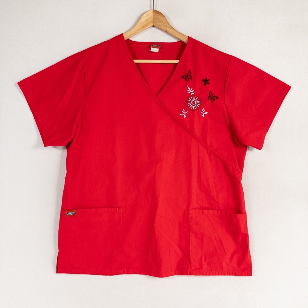 DENICE Scrub Top Womens XL Red Embroidered Flowers Butterflies Short Sleeve